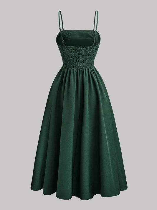 Dark Green Smocked Square Neck Cami Dress - Tigbul's Variety Fashion Shop