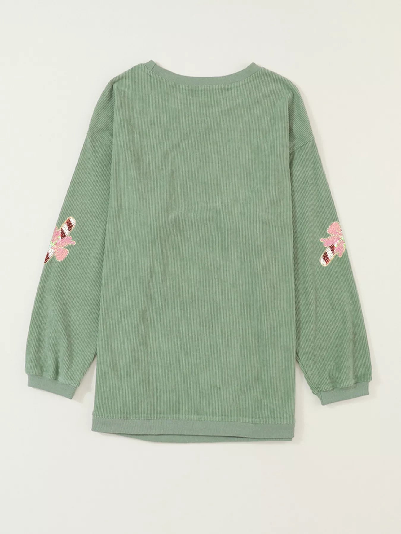 Christmas Sequin Candy Cane Patched Corded Ribbed Baggy Sweatshirt - Tigbul's Variety Fashion Shop