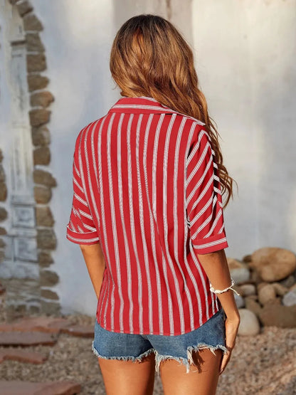 Striped Collared Neck Half Sleeve Shirt - Tigbul's Variety Fashion Shop