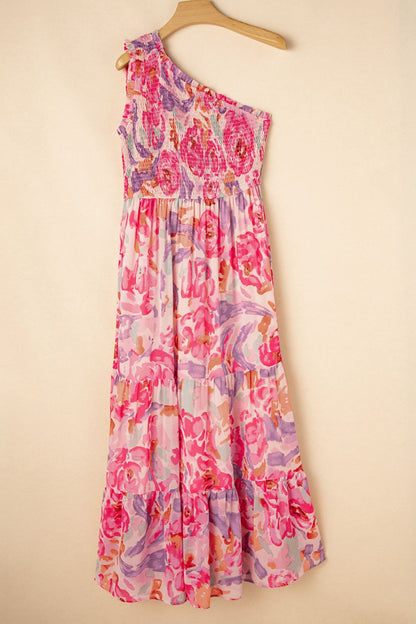Floral Print Shirred One Shoulder Maxi Dress - Tigbul's Variety Fashion Shop