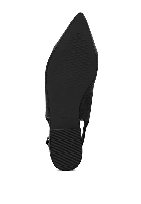 Black slingback flat sole view with textured outsole and low block heel