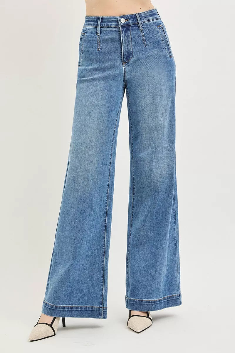 Medium wash high-rise wide-leg jeans, elastic tummy-control waistband