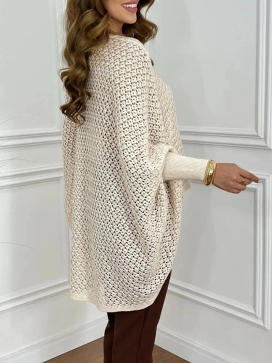 Crochet V-Neck Batwing Sleeves Oversized Sweater - Tigbul's Variety Fashion Shop