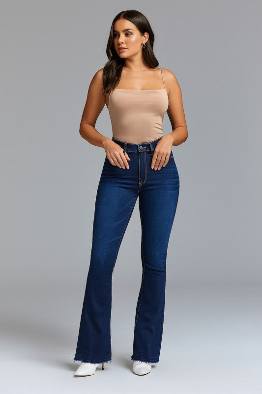 Dark blue bootcut jeans with button fly, front pockets, and belt loops