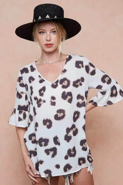 BiBi Leopard Printed V Neck Woven Top with Ruffled - Tigbul's Variety Fashion Shop