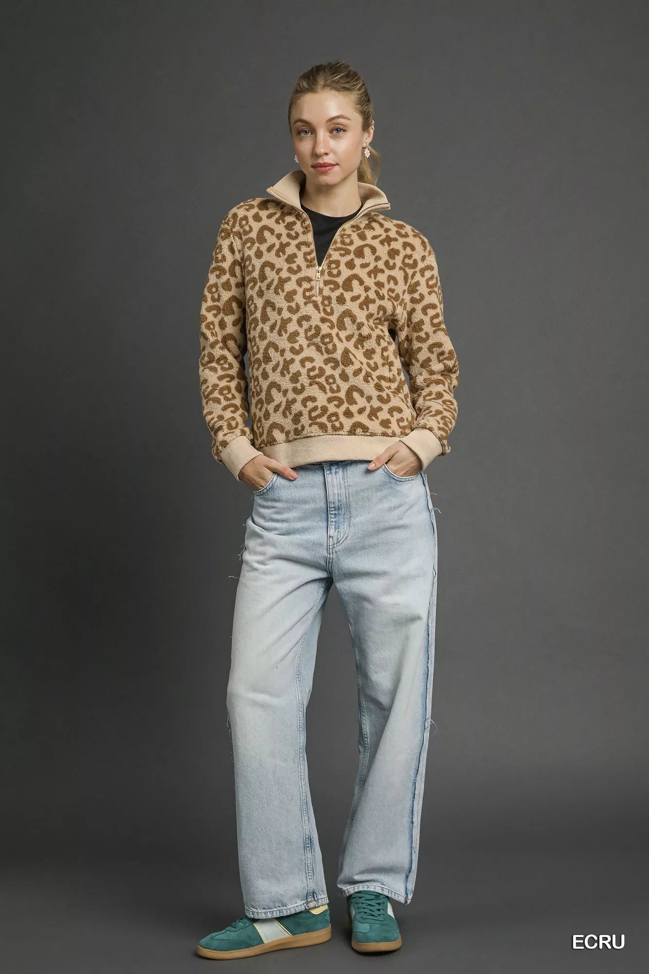 Umgee Leopard Print Quarter-Zip Sweatshirt - Tigbul's Variety Fashion Shop