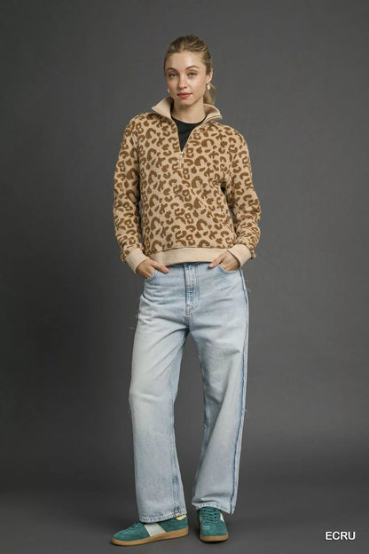 Umgee Leopard Print Quarter-Zip Sweatshirt - Tigbul's Variety Fashion Shop