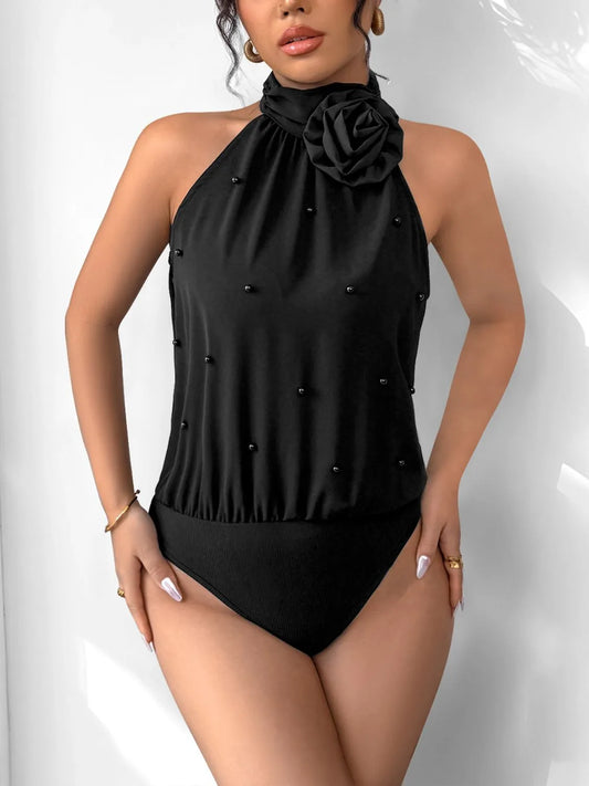 3D Flower Grecian Neck Bodysuit - Tigbul's Variety Fashion Shop