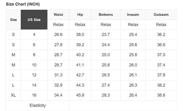 Size chart (inches) with waist, hip, bottoms, inseam, and outseam for jeans