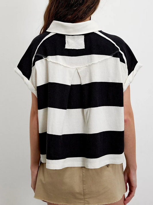 Striped Collared Neck Short Sleeve Top - Tigbul's Variety Fashion Shop