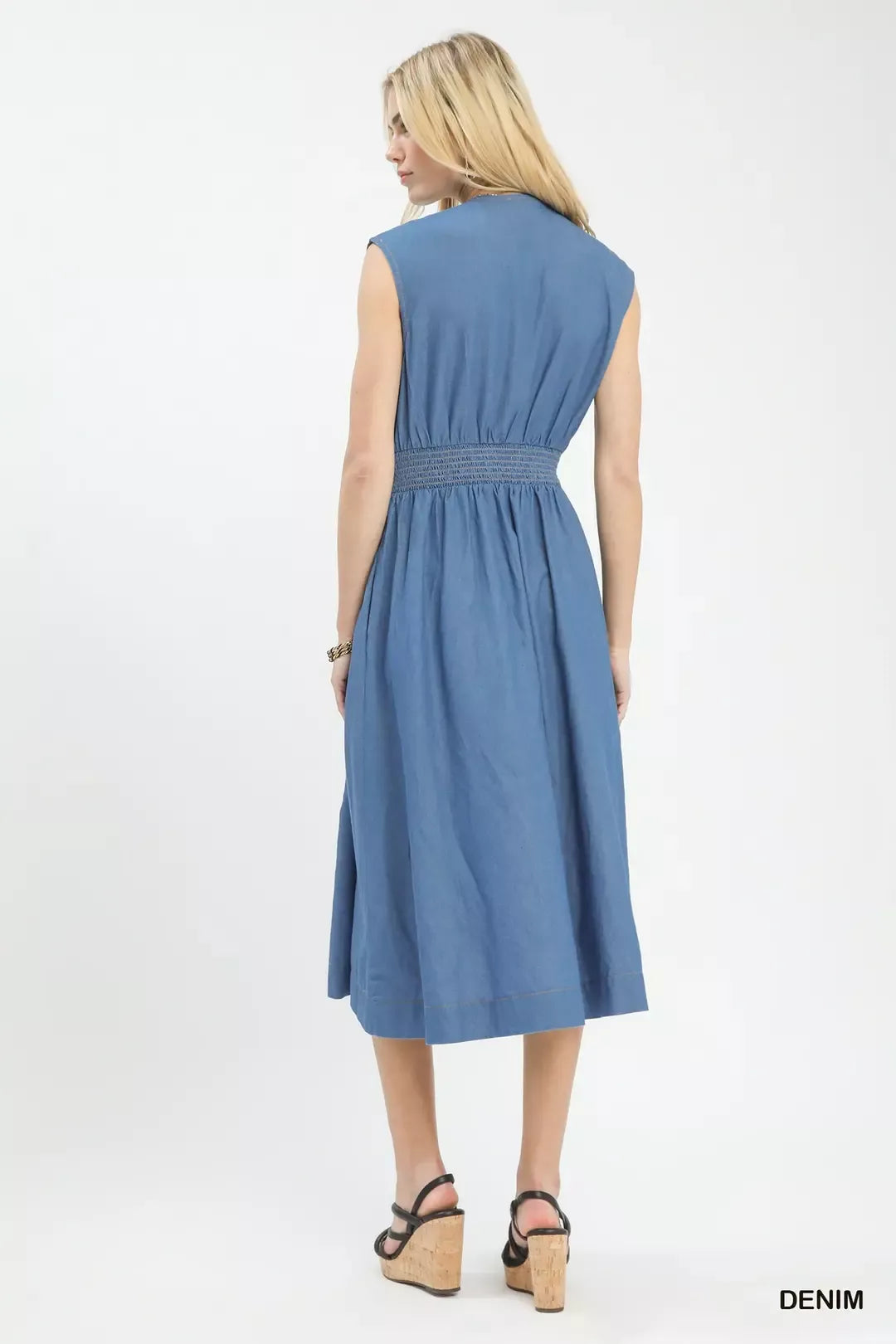 Umgee Denim Sleeveless Zip-Front Smocked Waist Midi Dress - Tigbul's Variety Fashion Shop