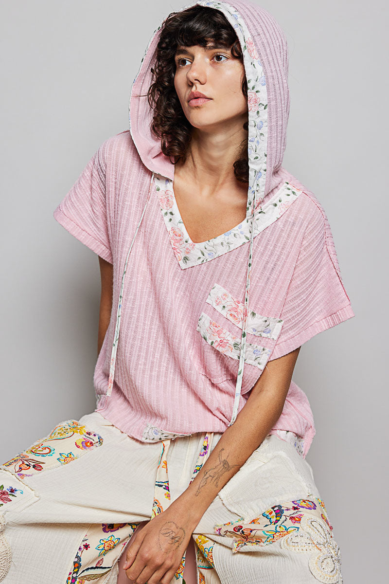 Soft Pink hooded short-sleeve top with floral-trim collar and relaxed fit