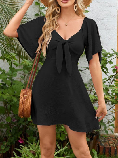 Smocked Back Knotted Flutter Sleeve Dress - Tigbul's Variety Fashion Shop