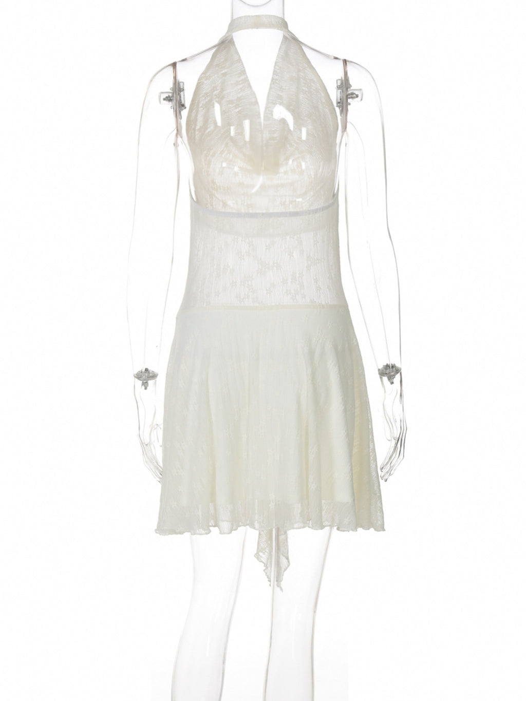 Cream halter neck mini dress, back view: ruched waist and flared asymmetrical hem