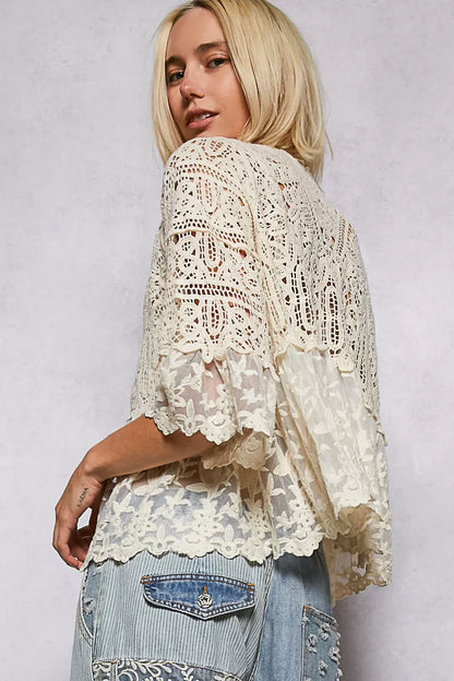 POL Floral Lace Short Sleeve Crochet Cardigan with Tassel Tie - Tigbul's Variety Fashion Shop