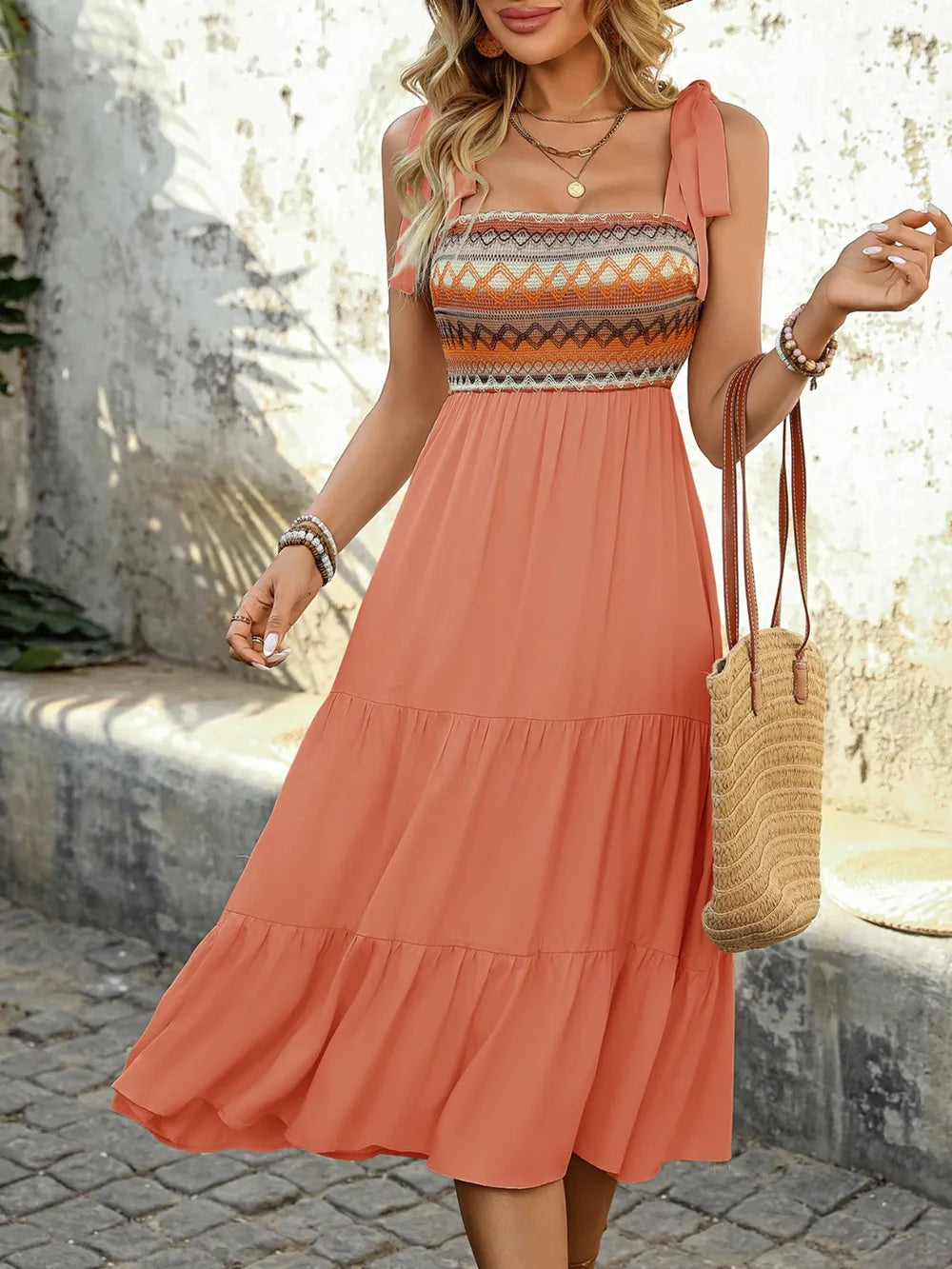 Tie Shoulder Square Neck Tiered Midi Dress - Tigbul's Variety Fashion Shop