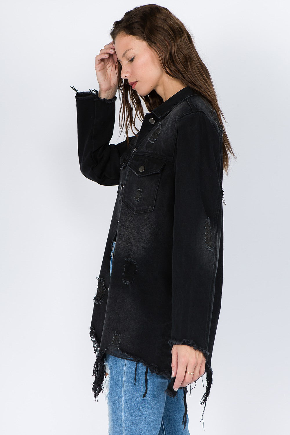 American Bazi Distressed Frayed Hem Denim Jacket - Tigbul's Variety Fashion Shop