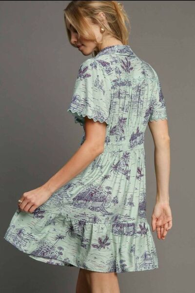 Light Green Landscape Print Collared Mini Dress Plus Size - Tigbul's Variety Fashion Shop