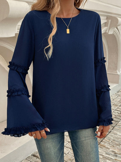 Devine Frill Round Neck Long Sleeve Top - Tigbul's Variety Fashion Shop