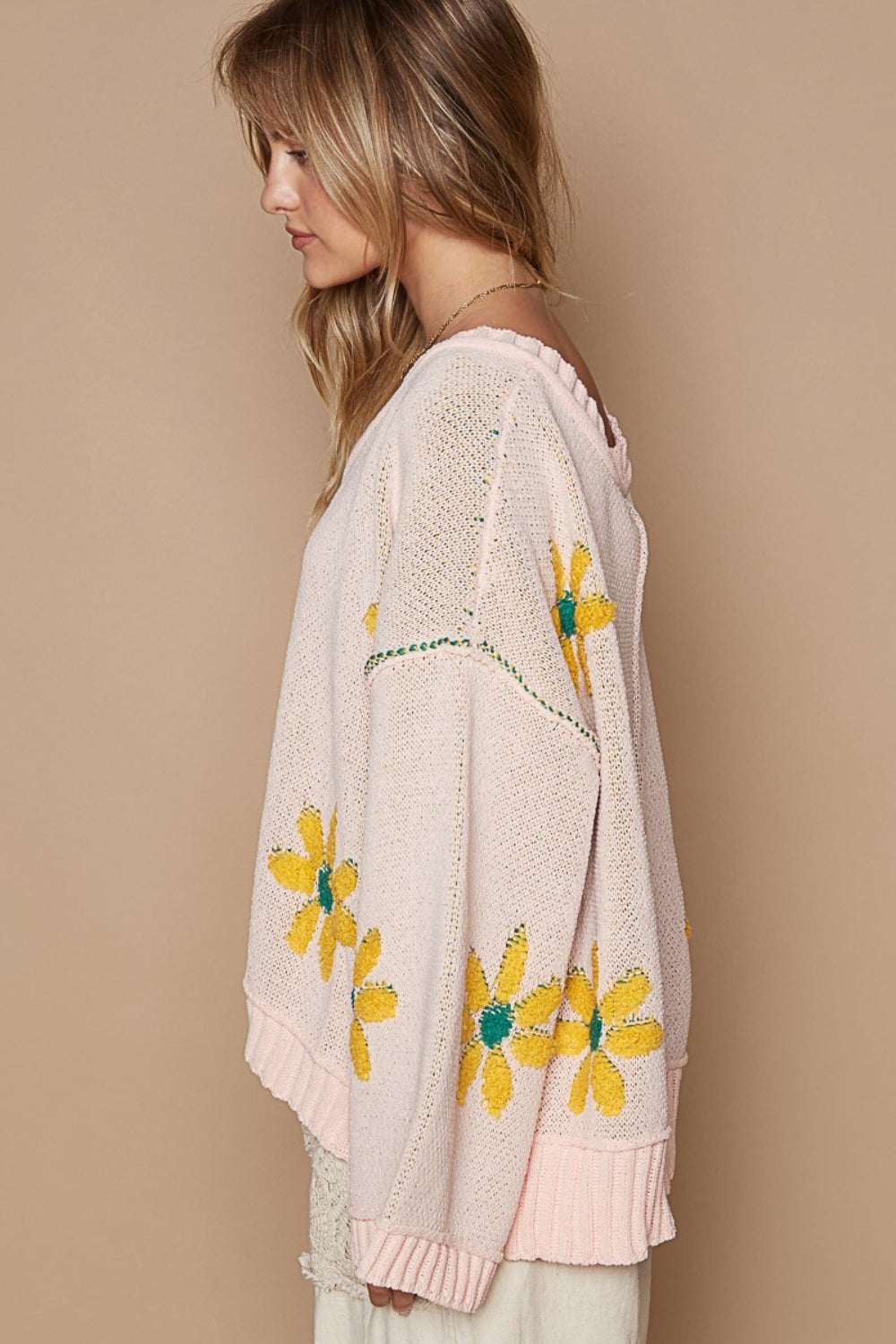 POL Pink V-Neck Floral Pattern Chenille Sweater - Tigbul's Variety Fashion Shop