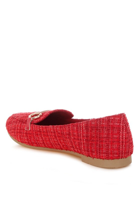 Red tweed loafer from the side with gold horsebit and low flat sole