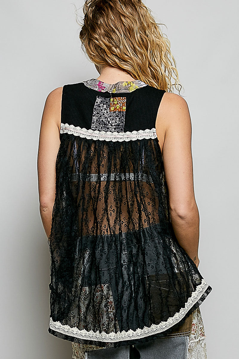 POL Floral Black V-Neck Sheer Tank with Lace Trim | Tigbuls Variety