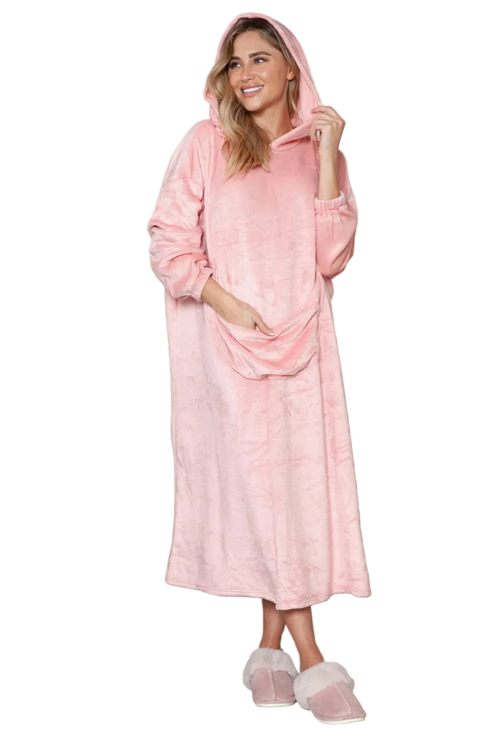 Dusty pink hooded midi lounge dress with front pocket and soft drawstring hood