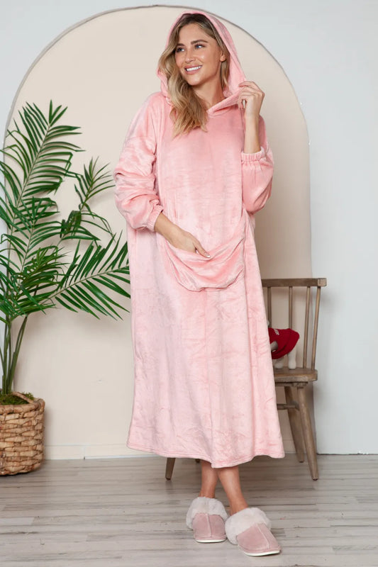 Double Take Full Size Pocketed Hooded Midi Lounge Dress - Tigbul's Variety Fashion Shop