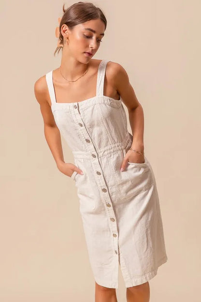 Button Down Pocket Front Off White Pinafore Dress - Tigbul's Variety Fashion Shop