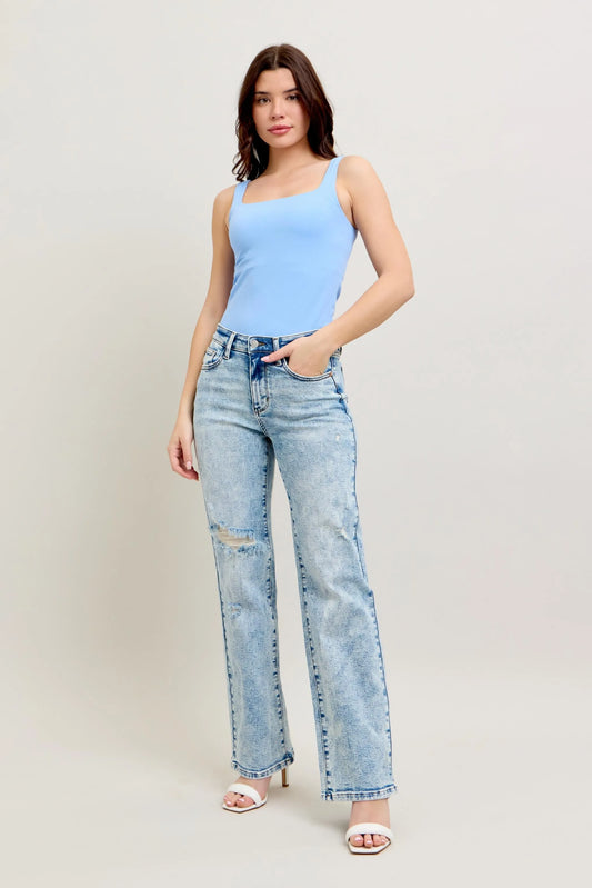 Judy Blue High Waist Mineral Wash Distressed 90's Straight Jeans - Tigbul's Variety Fashion Shop