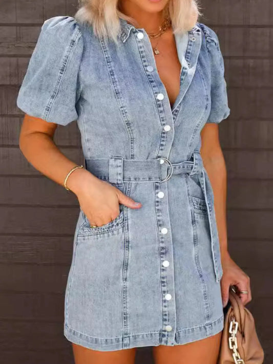 Button-Up Puff Sleeve Denim Shirt Dress - Tigbul's Variety Fashion Shop