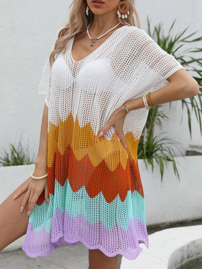 Openwork V-Neck Half Sleeve Cover-Up - Tigbul's Variety Fashion Shop