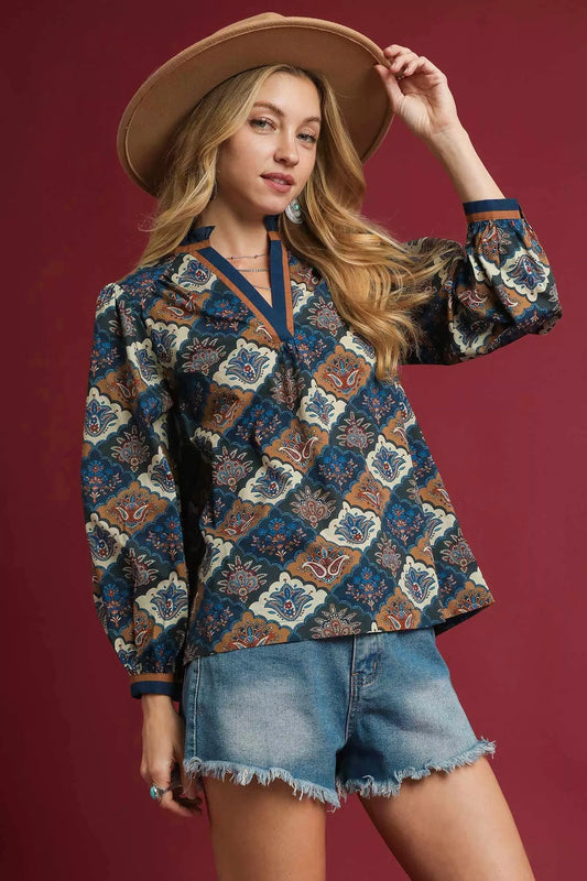 Umgee Abstract Print Ruffle Neck Top - Tigbul's Variety Fashion Shop