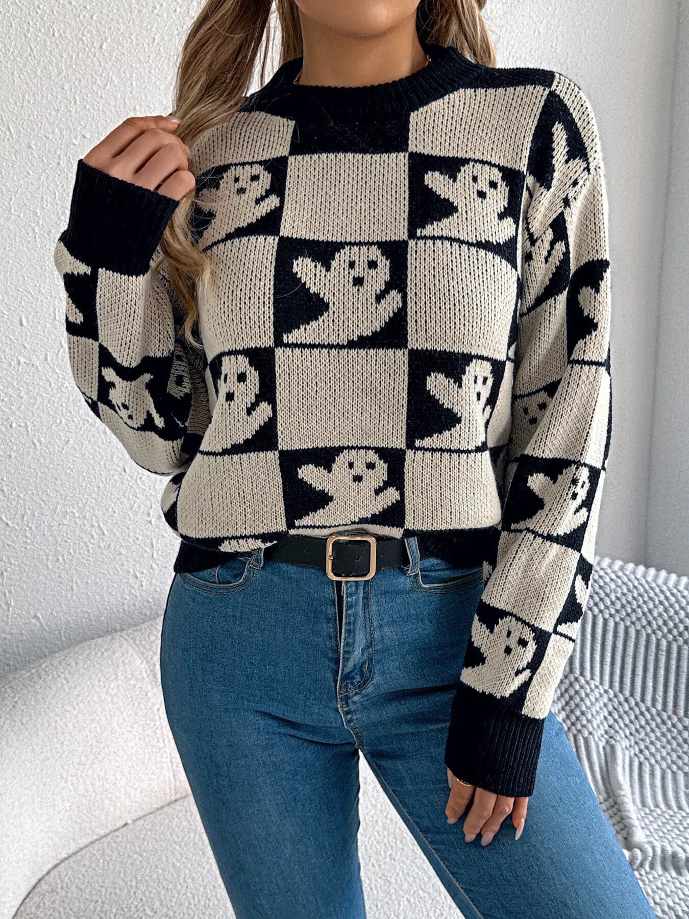 Halloween Ghost Pattern Checkered Round Neck Sweater - Tigbul's Variety Fashion Shop