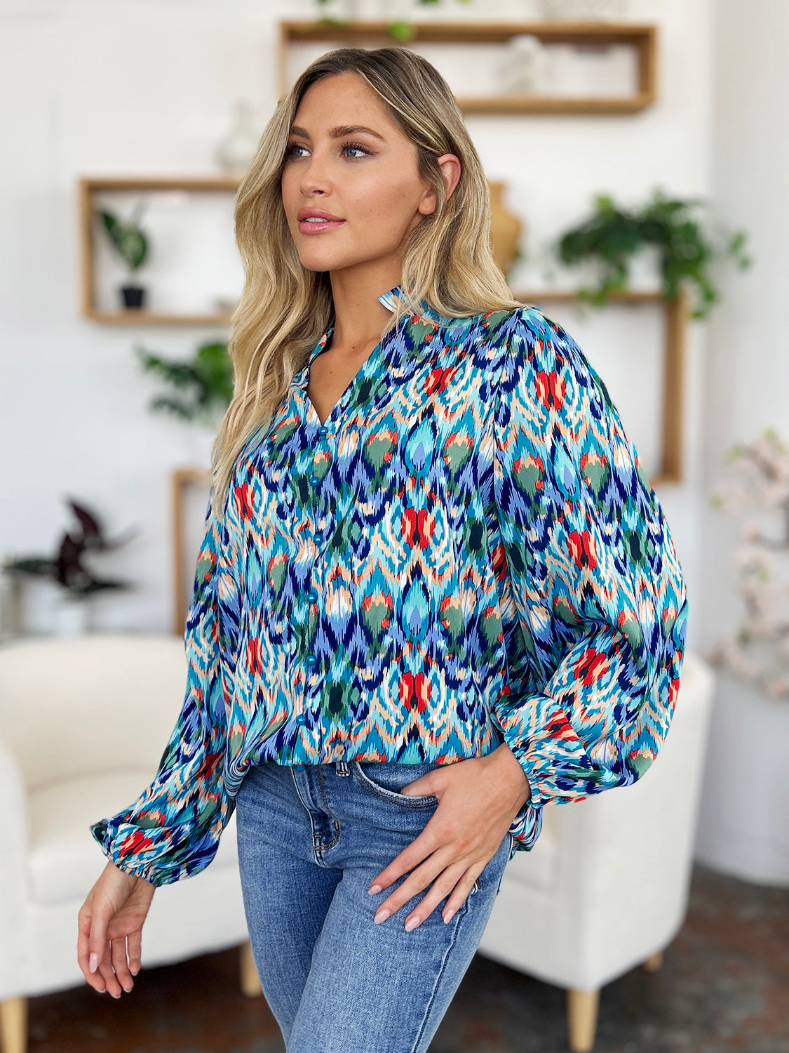 Blue Printed Balloon Sleeve Blouse Small up to 3XL - Tigbul's Variety Fashion Shop