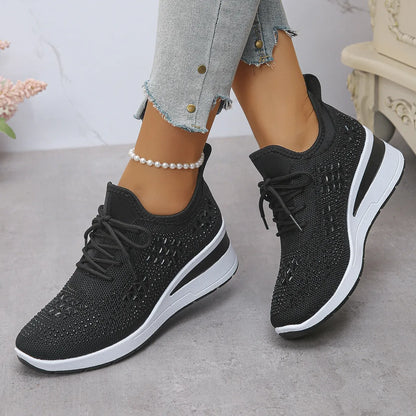Breathable Mesh Rhinestone Wedge Athletic Sneakers - Tigbul's Variety Fashion Shop