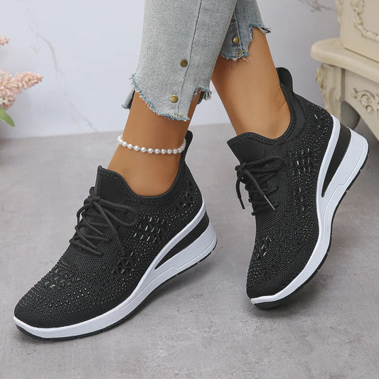 Breathable Mesh Rhinestone Wedge Athletic Sneakers - Tigbul's Variety Fashion Shop