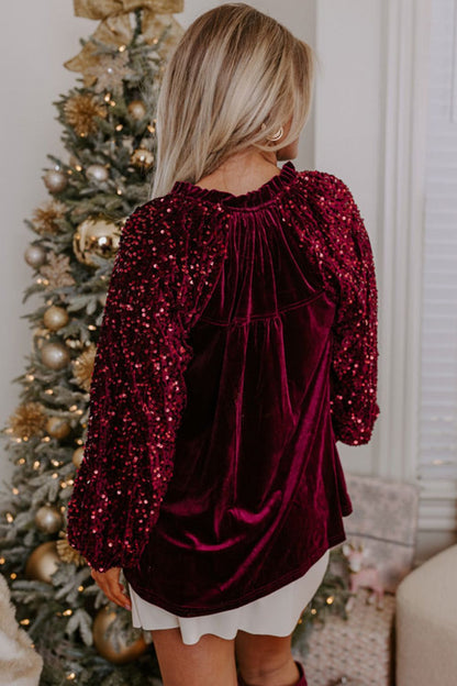 Sequin Notched Long Sleeve Blouse - Tigbul's Variety Fashion Shop