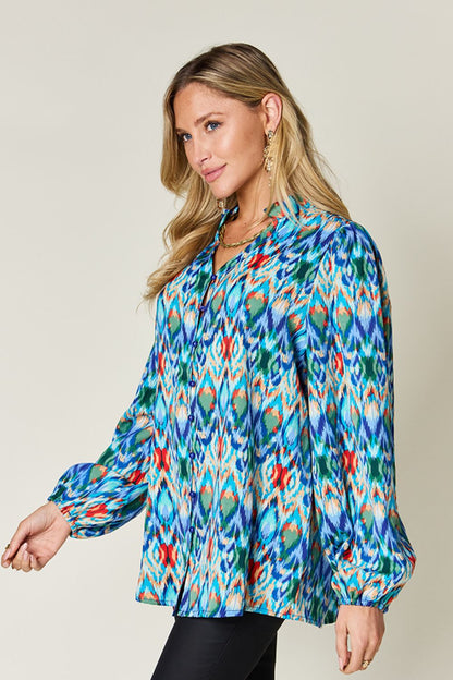 Blue Printed Balloon Sleeve Blouse Small up to 3XL - Tigbul's Variety Fashion Shop