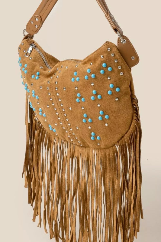 Fame Studded Pattern Multi Fringe Hobo Shoulder Bag - Tigbul's Variety Fashion Shop