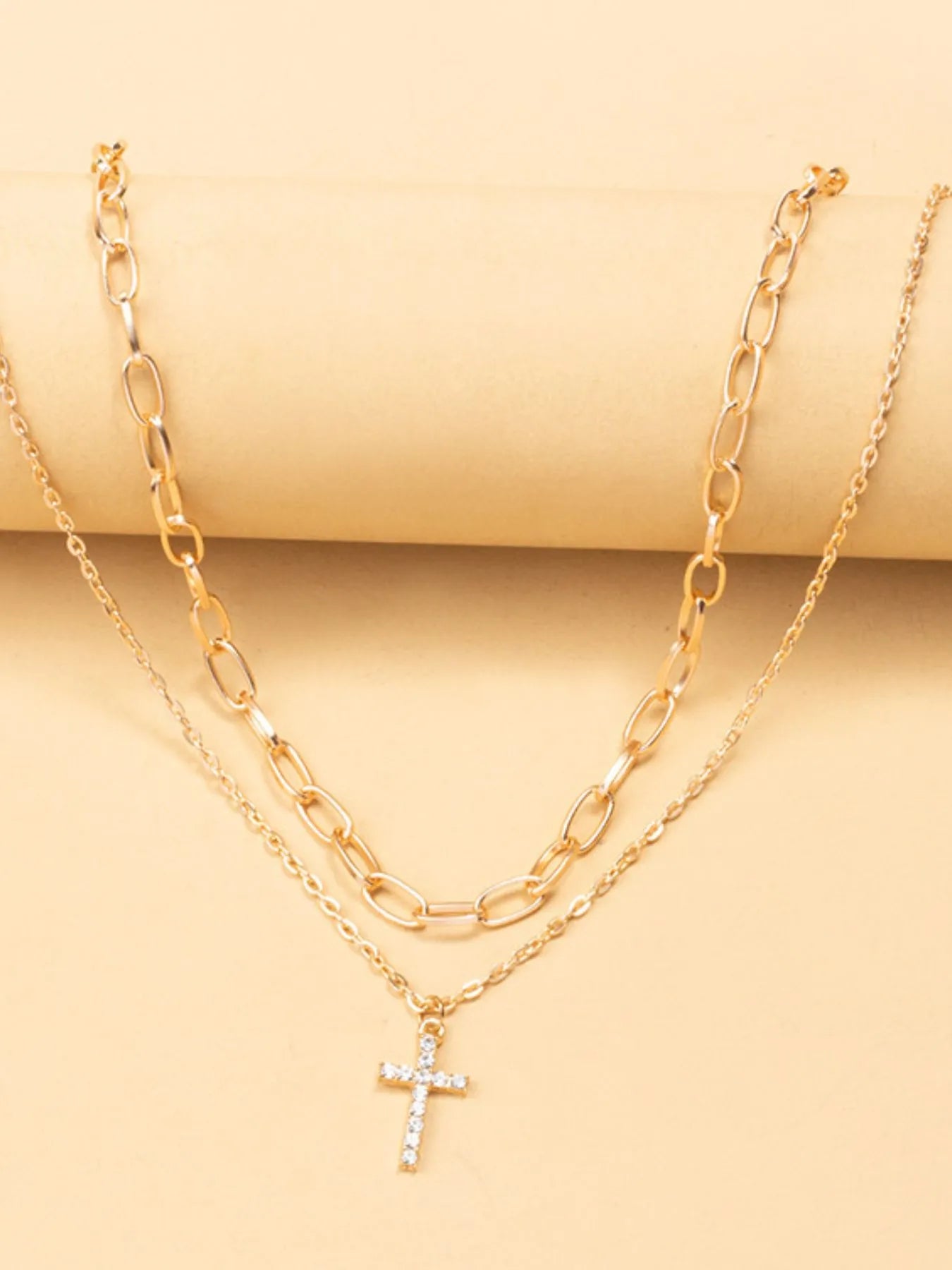 Double Layered Inlaid Zircon Cross Pendant Necklace - Tigbul's Variety Fashion Shop