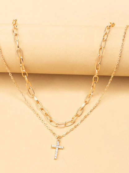 Double Layered Inlaid Zircon Cross Pendant Necklace - Tigbul's Variety Fashion Shop
