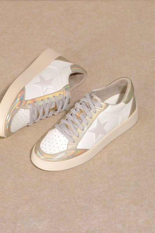 White/Gold Star, Low Top Sneakers - Tigbul's Variety Fashion Shop