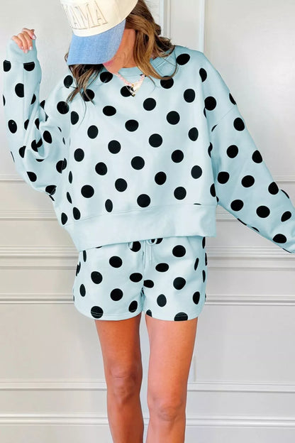 Polka Dot Print Drop Shoulder Pullover Drawstring Shorts Set - Tigbul's Variety Fashion Shop