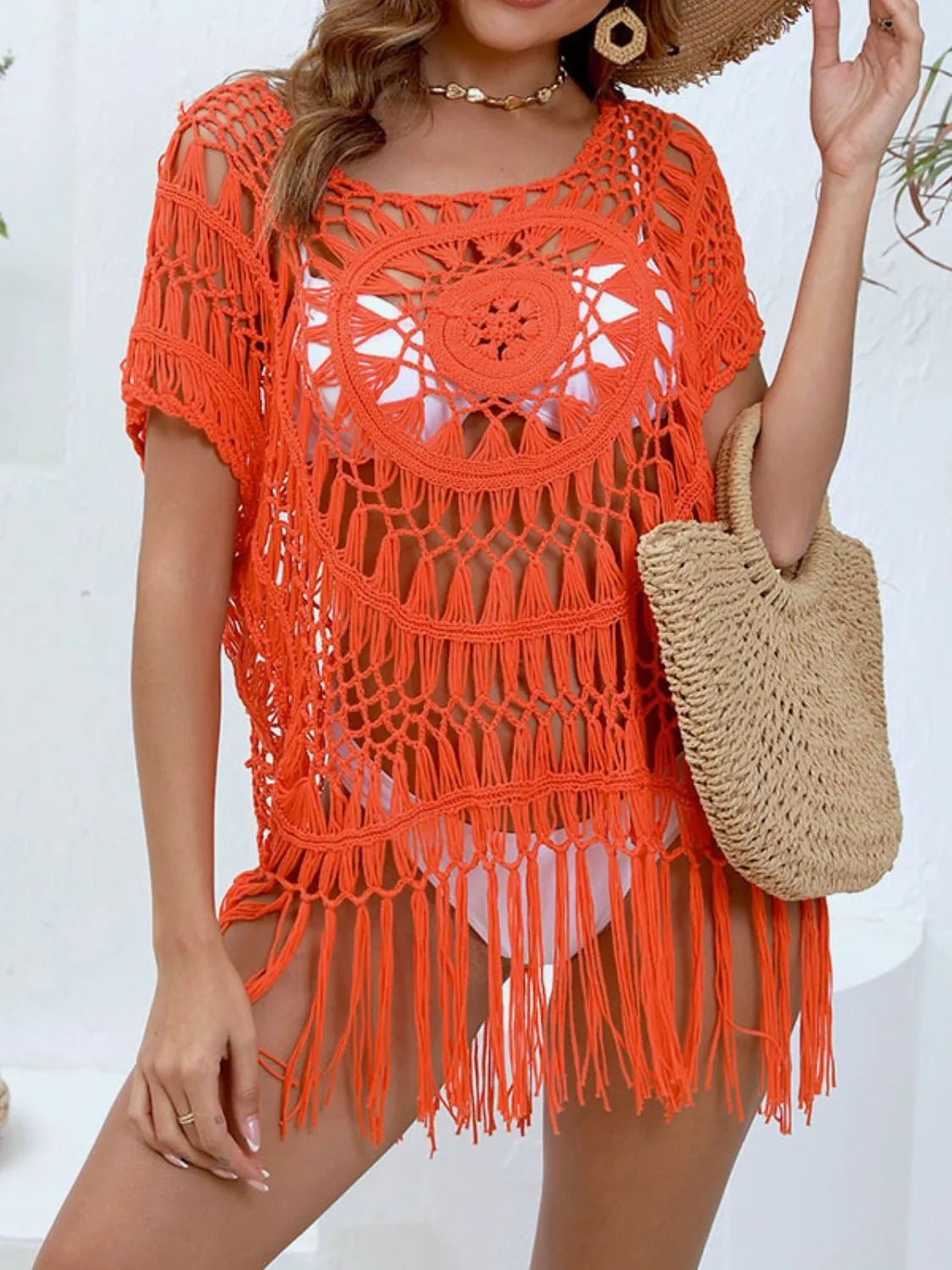 Fringe Round Neck Crochet Cover-Up - Tigbul's Variety Fashion Shop