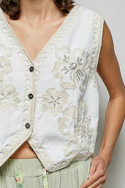 White Embroidered Floral V-Neck Button Down Crochet Vest | Tigbuls