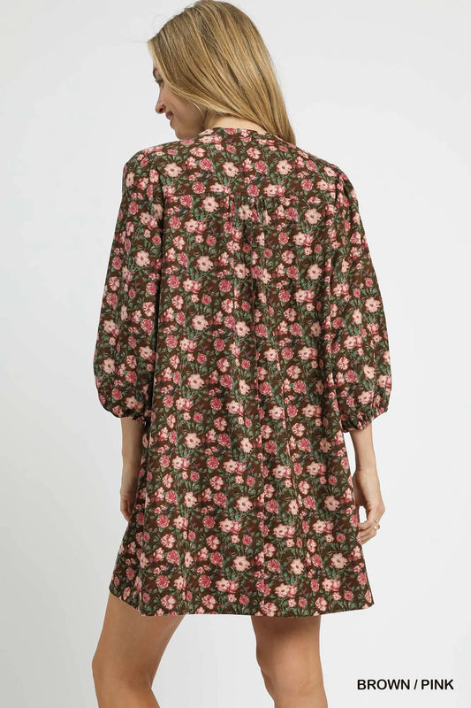 Umgee Floral Tie-Neck Babydoll Dress - Tigbul's Variety Fashion Shop