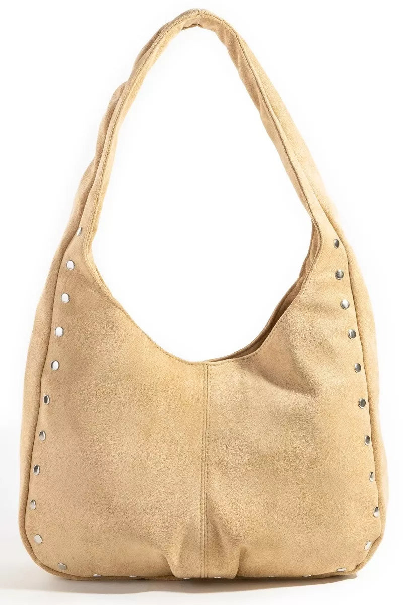 Faux Suede Studded Trim Hobo Bag | Tigbuls Variety Fashion Shop