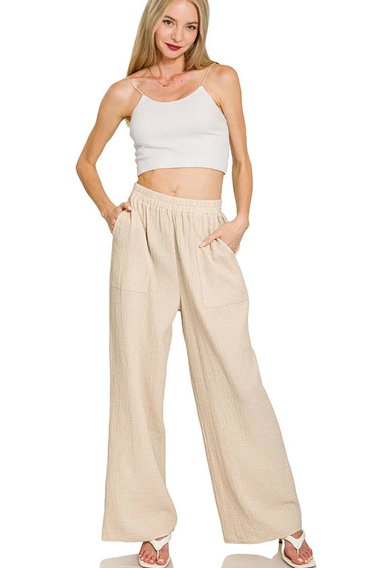 Zenana Double Gauze Elastic Band Pants - Tigbul's Variety Fashion Shop