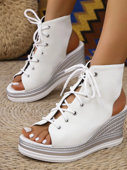 Lace Up Open Toe Wedge Sandals - Tigbul's Variety Fashion Shop